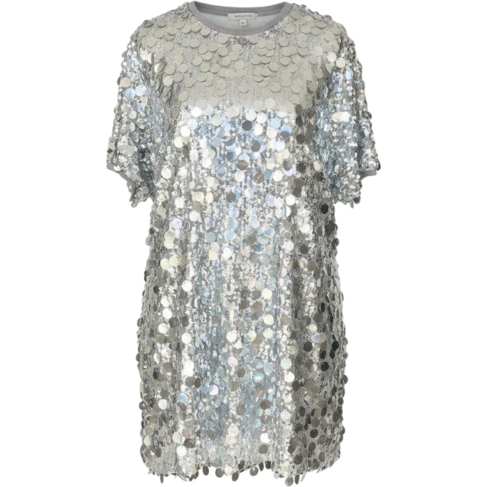 fab'rik Sequin Mini Dress L Silver NEW Paillette Short Sleeve Party Disco NYE